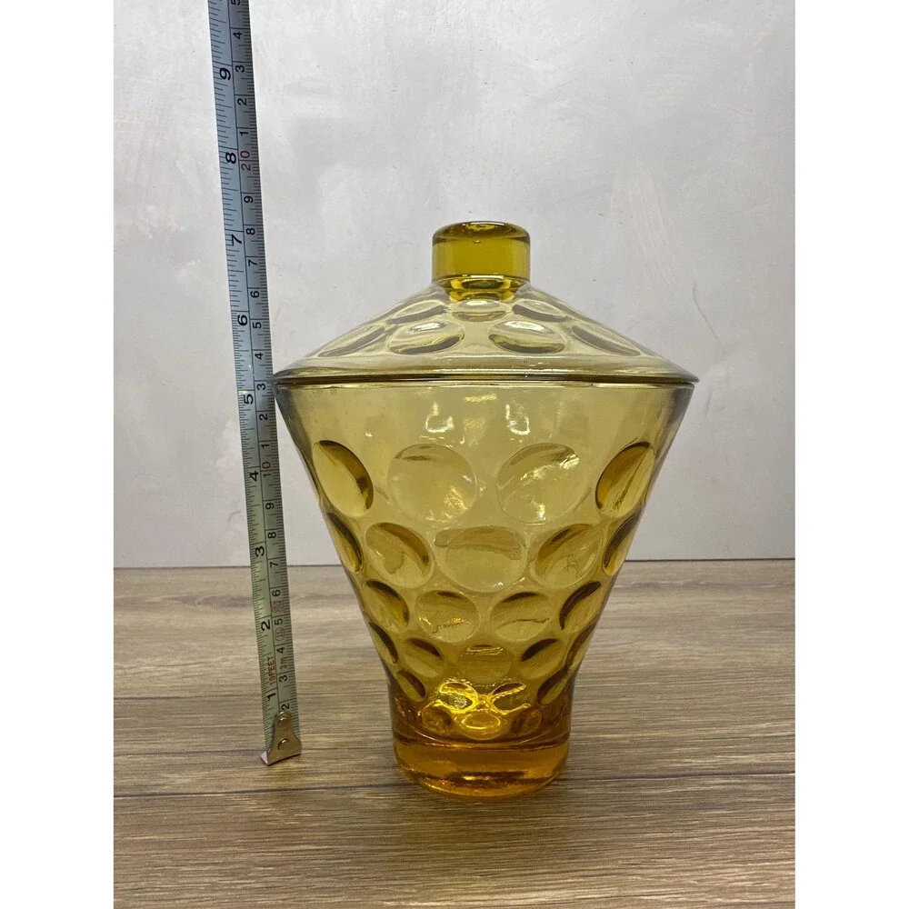 Vintage 1960s Hazel Atlas Eldorado Amber Glass Covered Candy Dish, Coin Dot Text